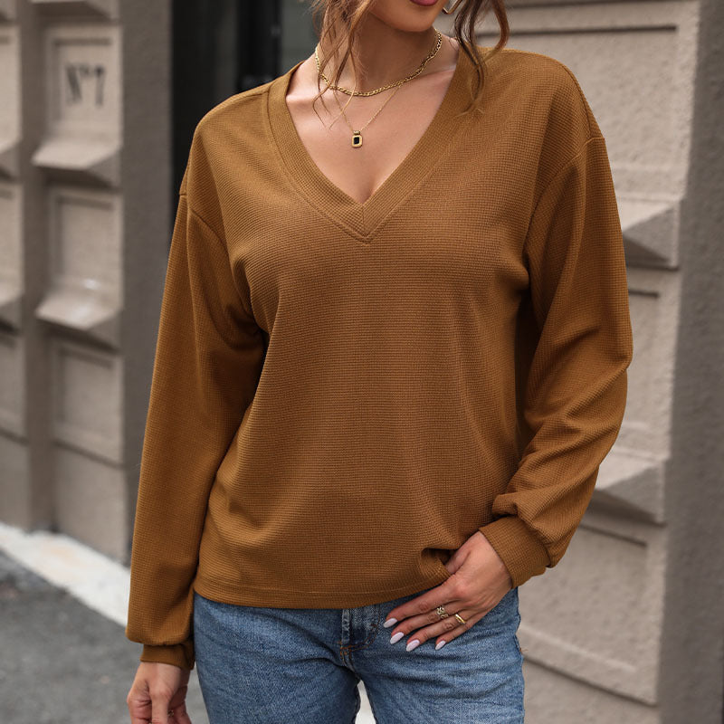 Damen Pullover V-Ausschnitt Waffelstrick Beige
