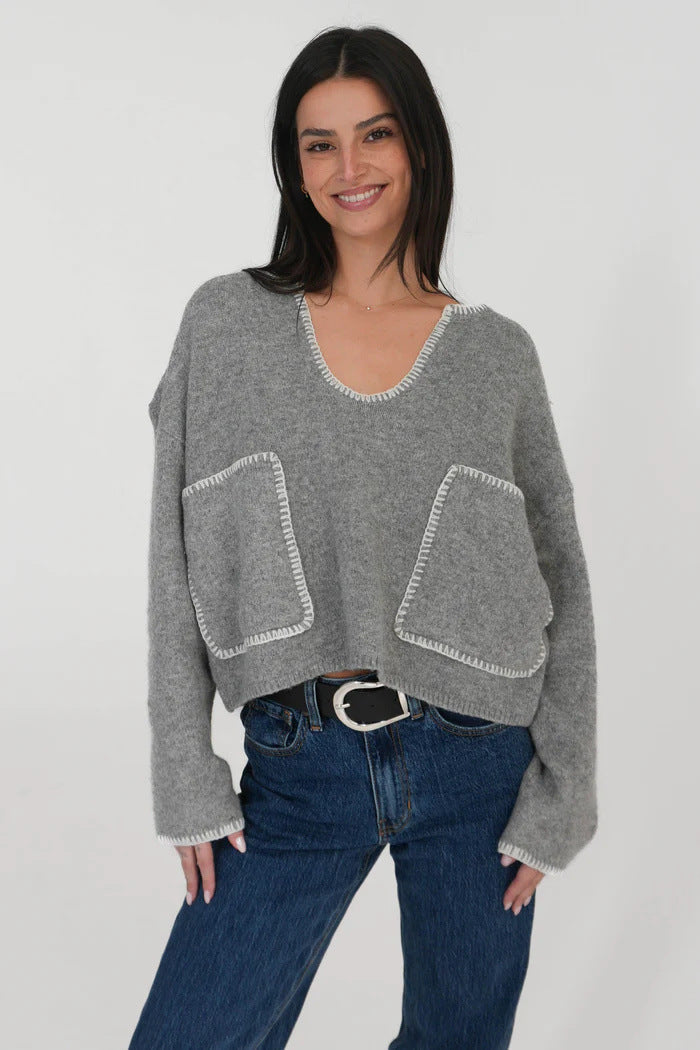 Damen Cropped Pullover Asymmetrisch mit Taschen Norvielle