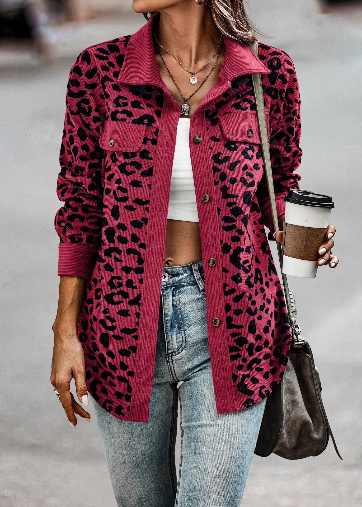 Damen Kordjacke Leo-Print mit Brusttaschen Norvielle