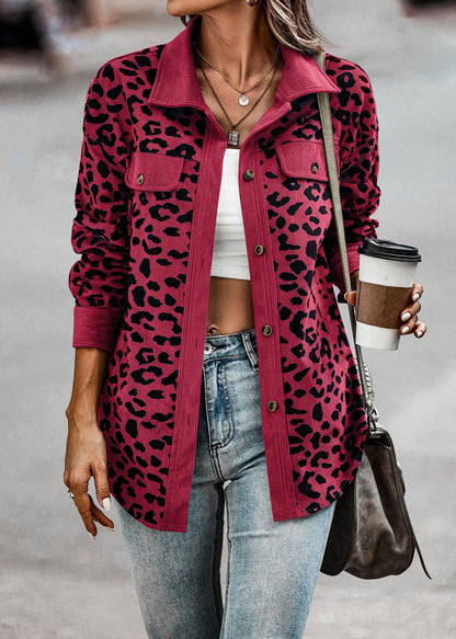 Damen Kordjacke Leo-Print mit Brusttaschen Norvielle