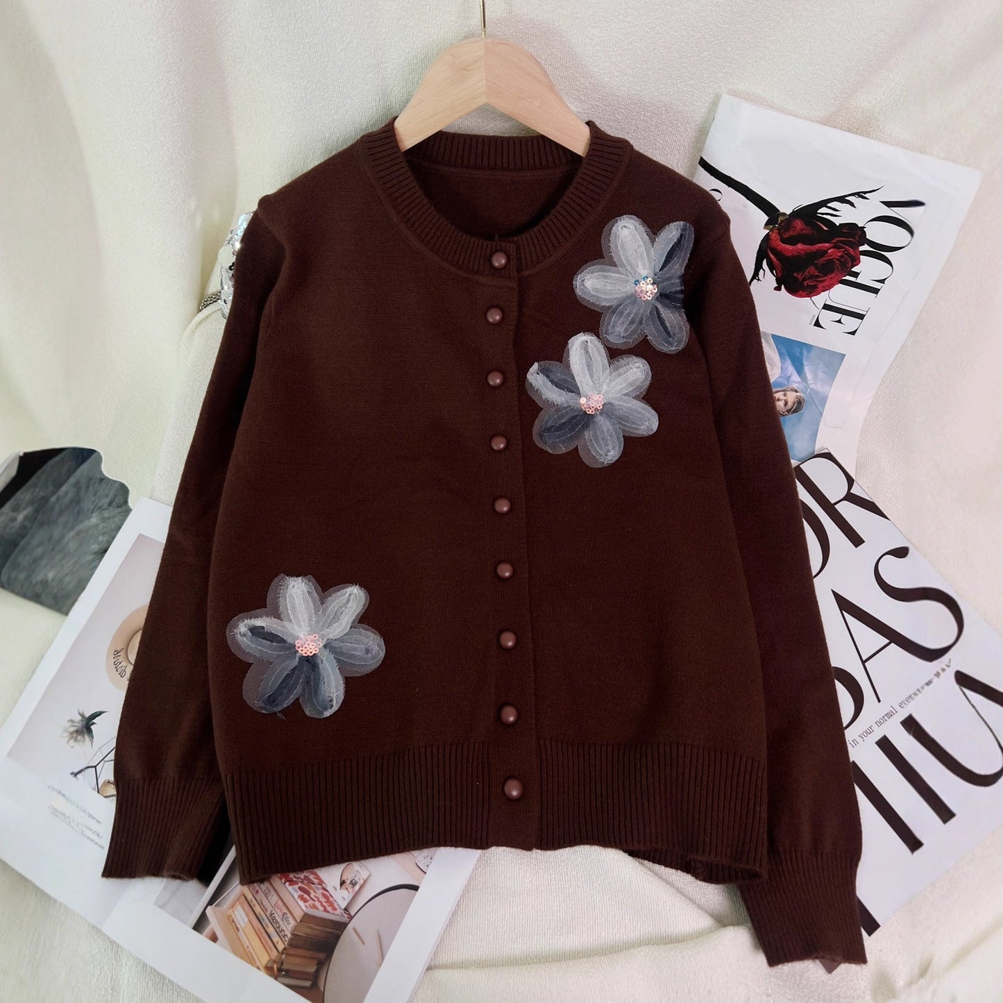 Damen Strickjacke Florales Design Knopfverschluss Norvielle