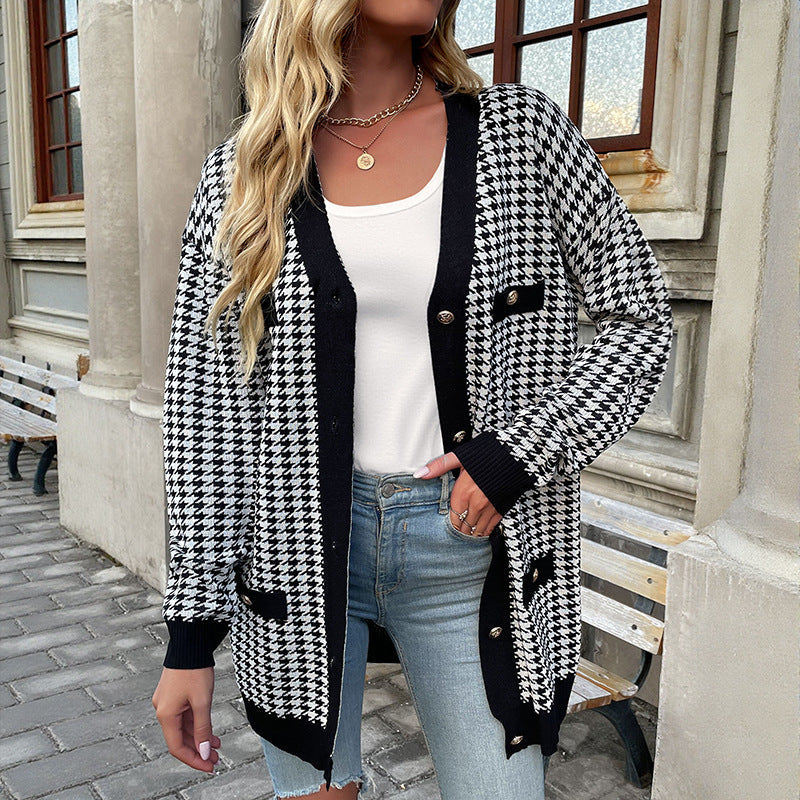Damen Strickcardigan Lang Hahnentritt-Muster Große Knöpfe Beige - Norvielle