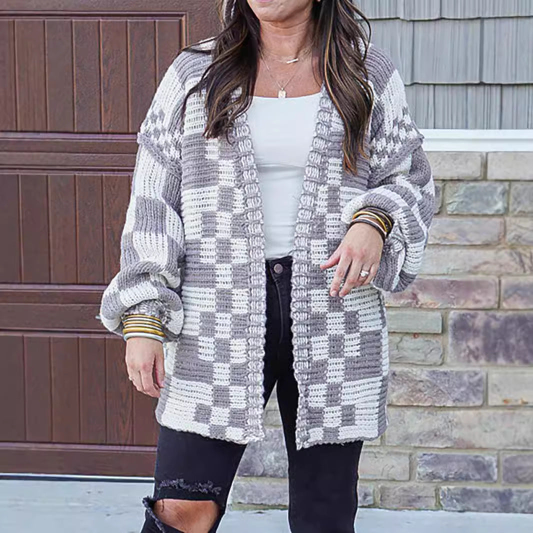 Damen Strickjacke Karomuster Weite Ärmel Beige