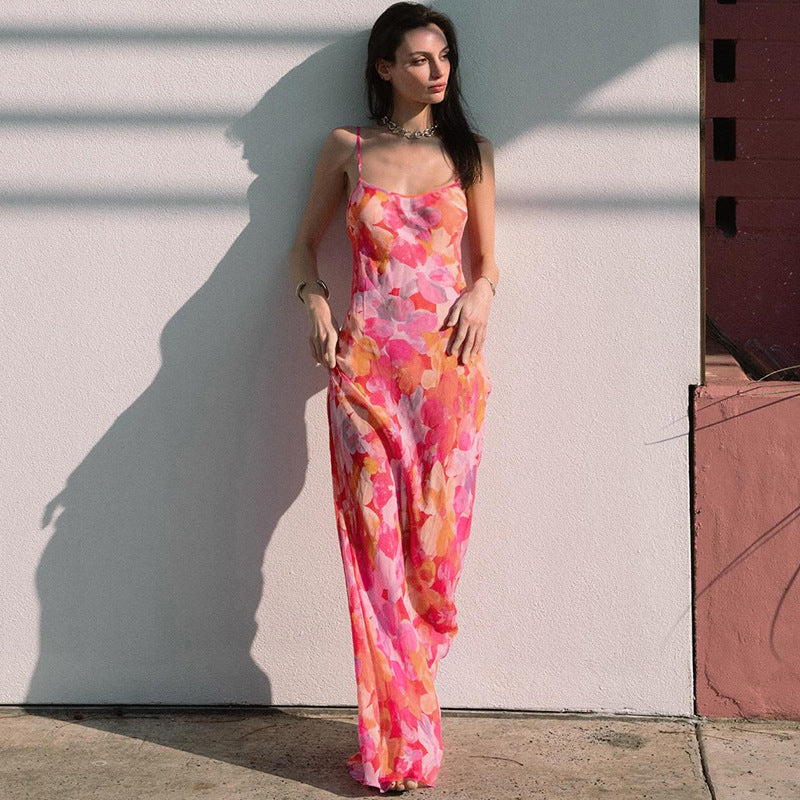 Damen Maxikleid Floral Norvielle mit Spaghettiträgern und fließendem
