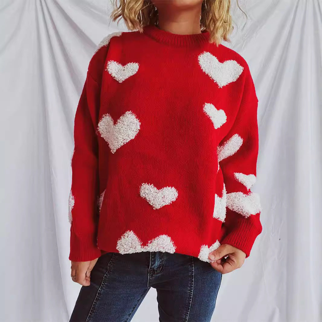 Damen Strickpullover Herzapplikationen