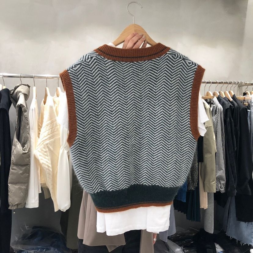 Damen Strickweste V-Ausschnitt Chevron Muster