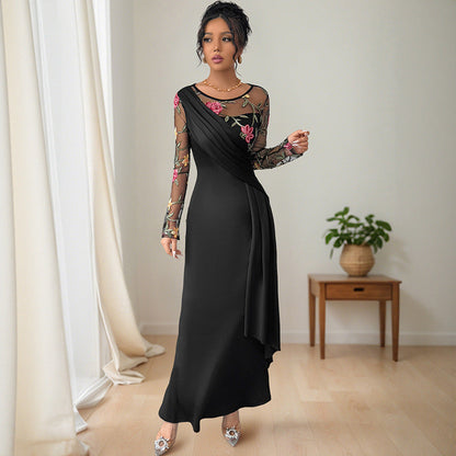 Damen Maxikleid mit floralem Spitzeinsatz Asymmetrischer Saum