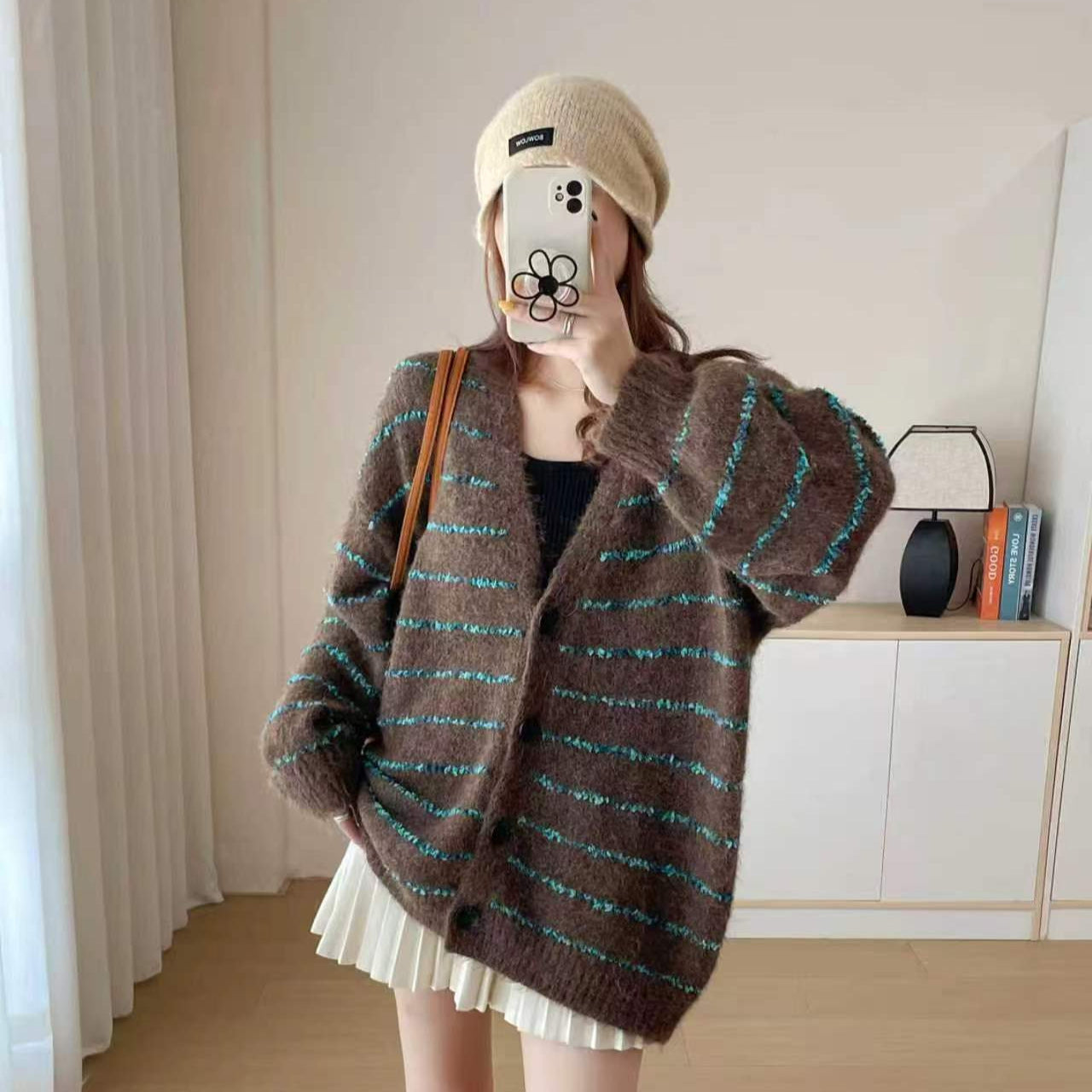 Damen Grobstrickjacke Farbige Streifen Modischer Schnitt