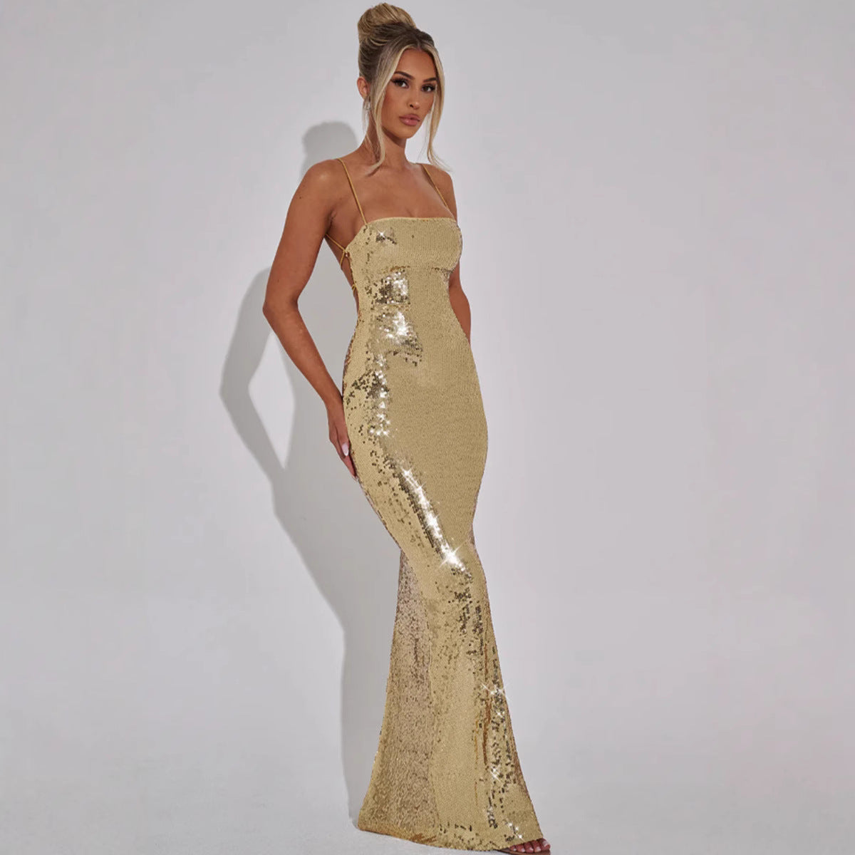 Damen Maxikleid Pailletten Slim Fit Spaghettiträger