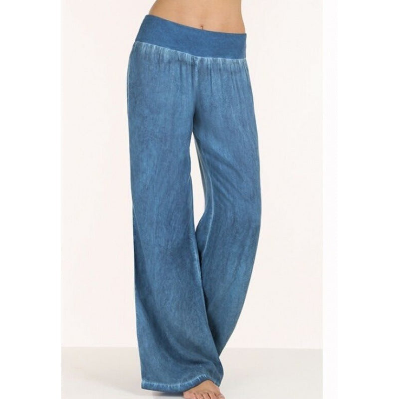 Damenweite Fließende Hose Elastischer Bund Denim-Look