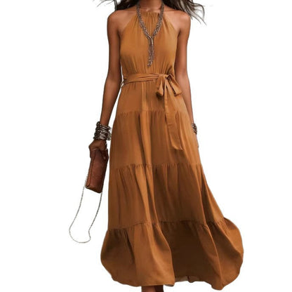 Damen Maxikleid Taillengürtel Tiefes Rückendesign