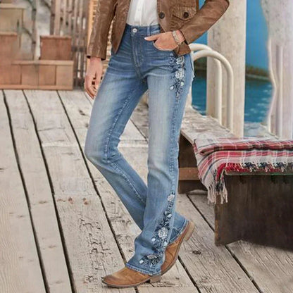 Norvielle Damen Jeans Mittel Taille Flamingo Bestickt