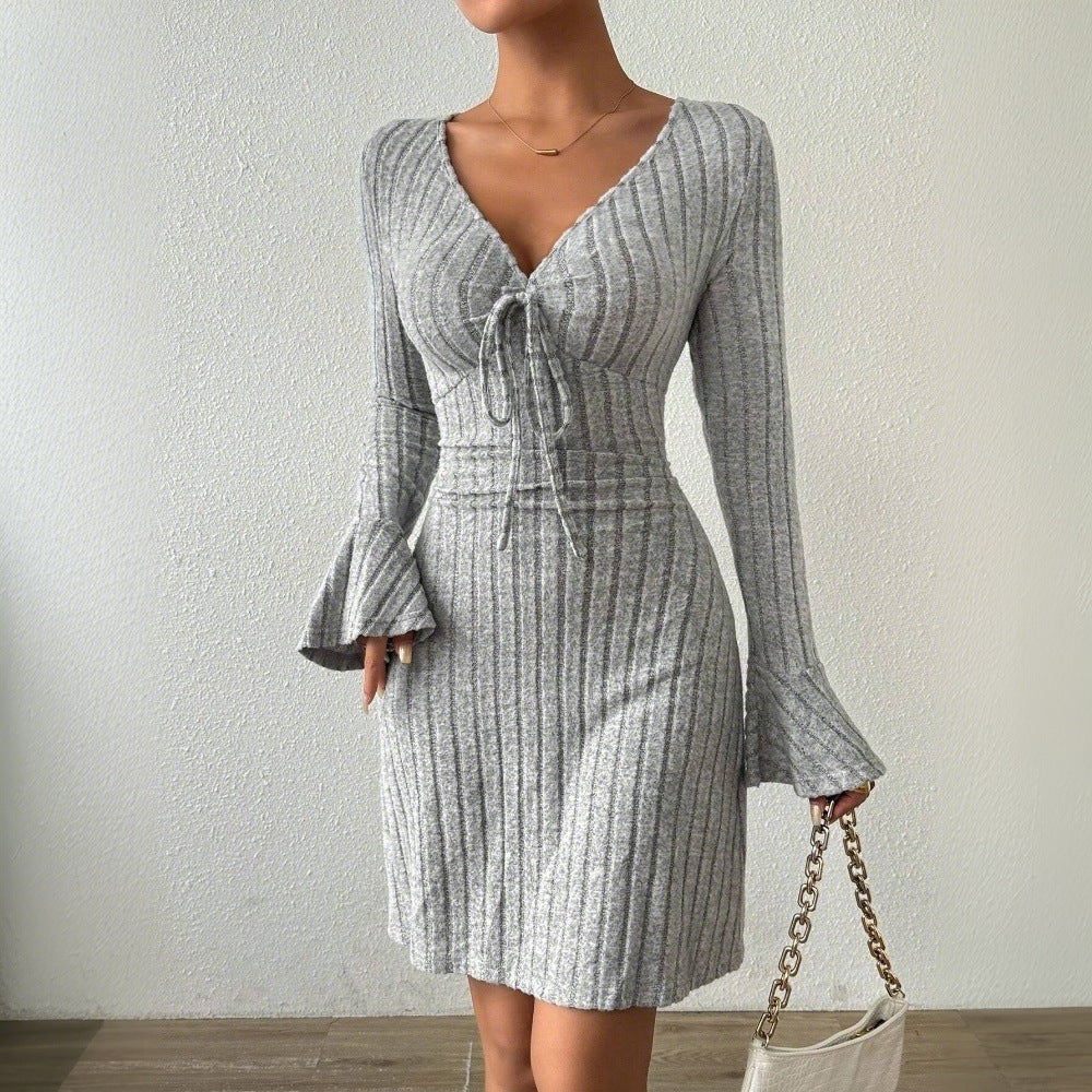 Damen Strickkleid V-Ausschnitt Bindebänder Norvielle