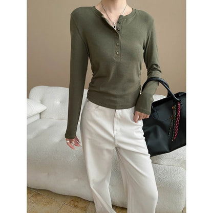 Damen Langarm Henley-Shirt Rippdetails Norvielle