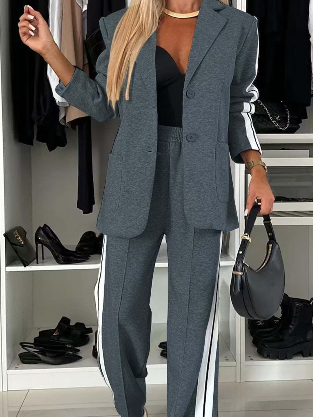 Damen Blazer-Anzug Sportlich Mit Streifen Norvielle