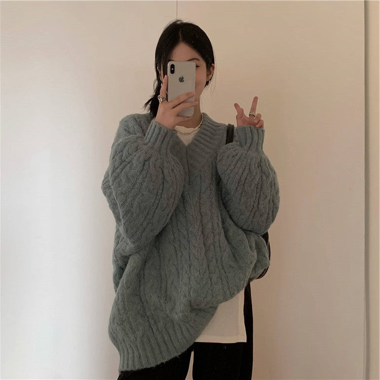 Damen Grobstrickpullover V-Ausschnitt Voluminöse Ärmel Norvielle