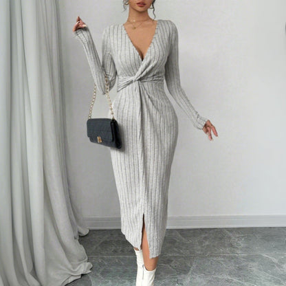 Damen Midi-Kleid Figurbetont Twist-Detail Seitlicher Schlitz Norvielle