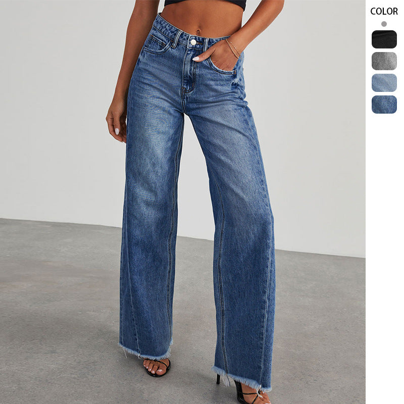 Damen Weite Denim-Jeans mit Fransen Saum Blau - Norvielle