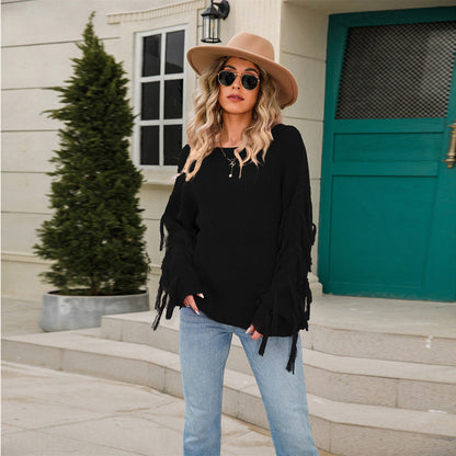 Damen Strickpullover Lässig Fransen Weit Norvielle