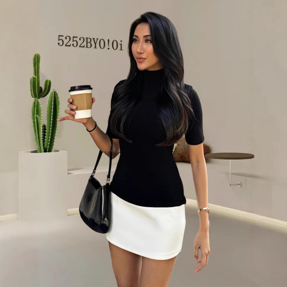 Damen T-Shirt Figurbetont Stehkragen Kurzärmelig Norvielle