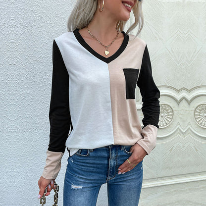 Damen Langarm T-Shirt Colorblock Muster mit Brusttasche - Norvielle