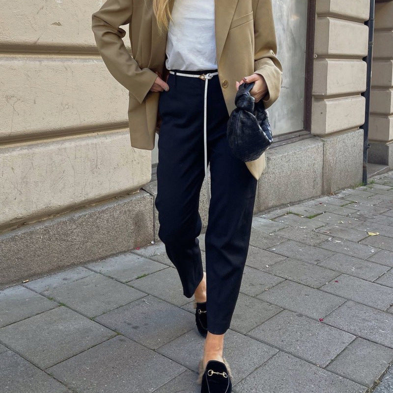 Damen Anzughose Hochtaillen Hose mit Gürtel Schwarz - Norvielle