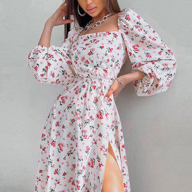 Damen Maxikleid Langärmlig Rüschen Floralmuster Norvielle