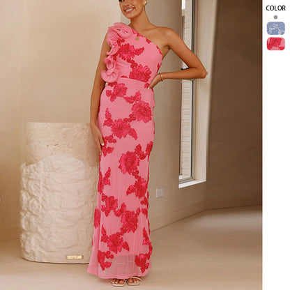 Damen Abendkleid Asymmetrischer Träger Florale Applikationen Norvielle - Norvielle