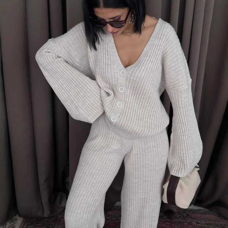 Damen Strick-Loungewear-Set V-Ausschnitt Langärmlig Norvielle - Norvielle