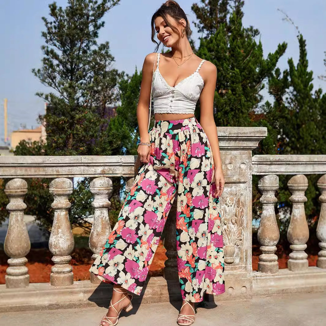 Damen Palazzo-Hose Bunt Blumenmuster Elastisch Norvielle