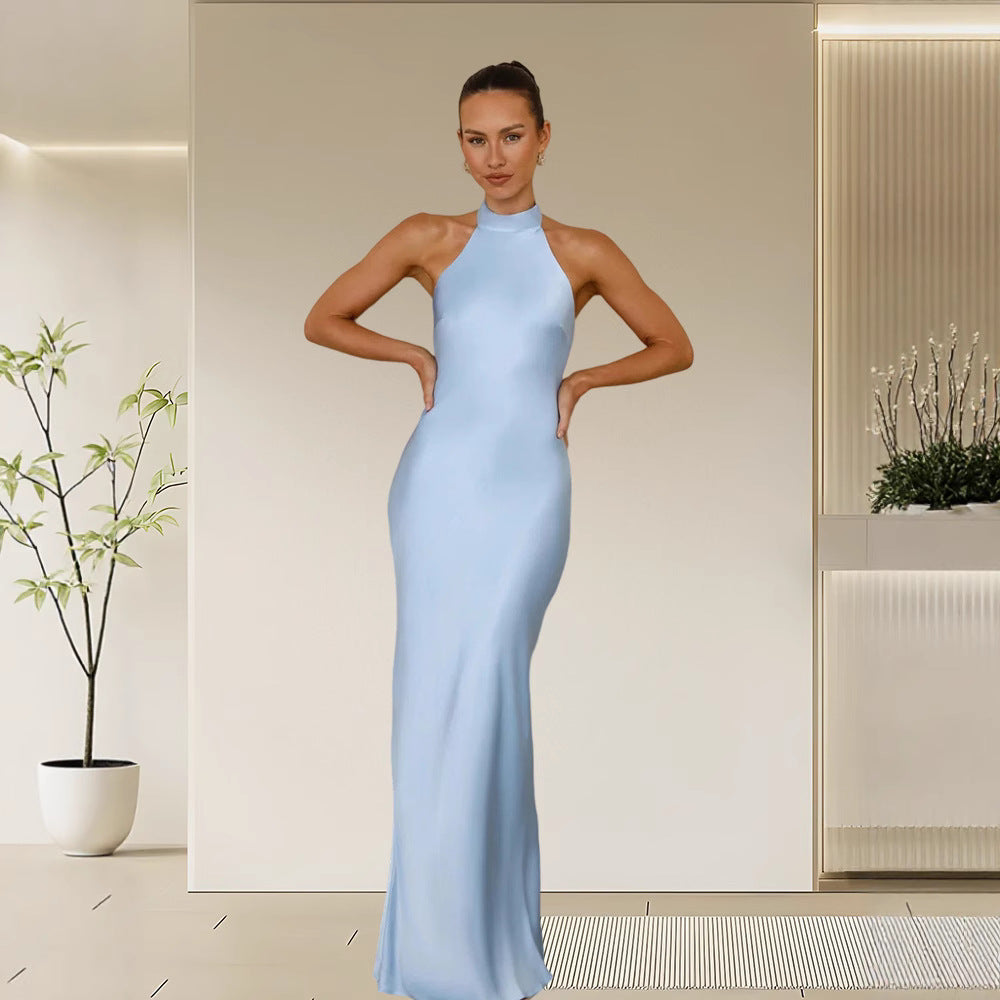 Damen Satin Maxikleid Hochkragen Körpernah Norvielle