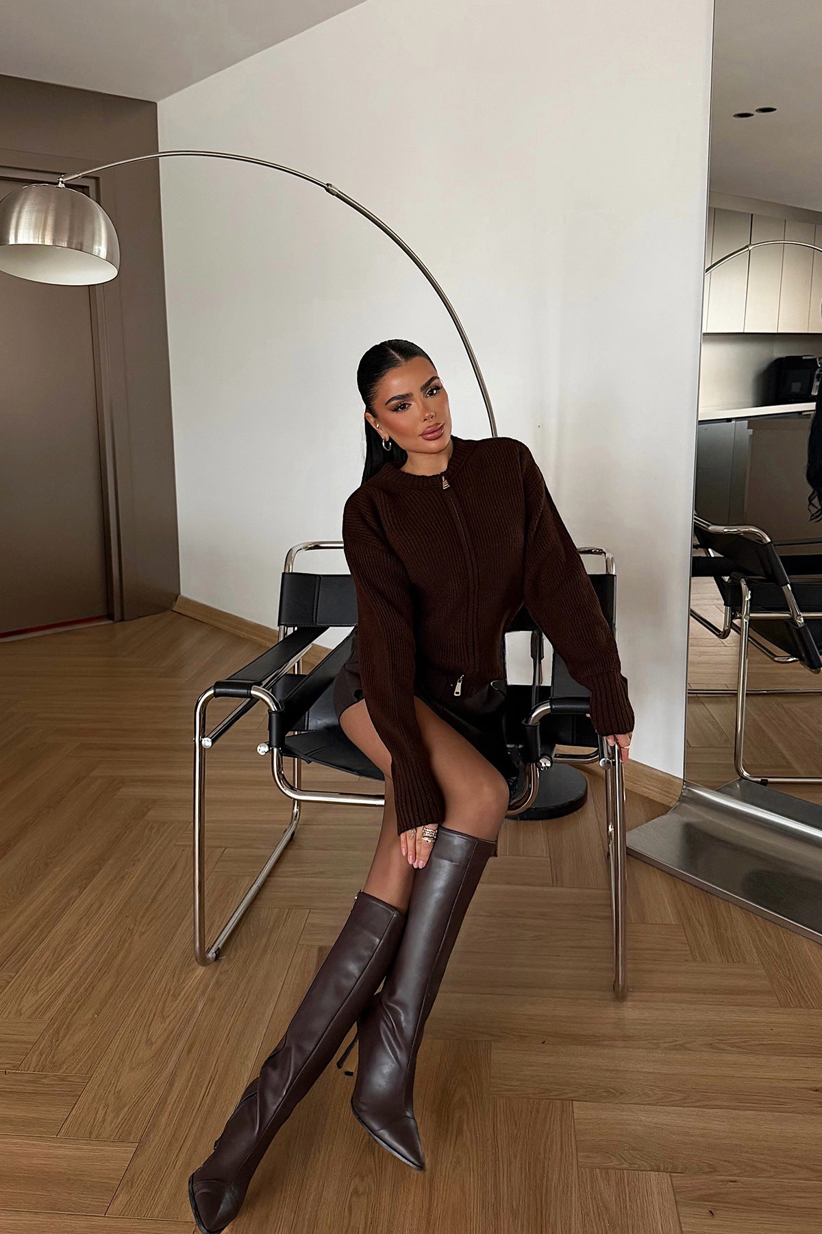 Damen Strickjacke Reißverschluss Breite Bündchen