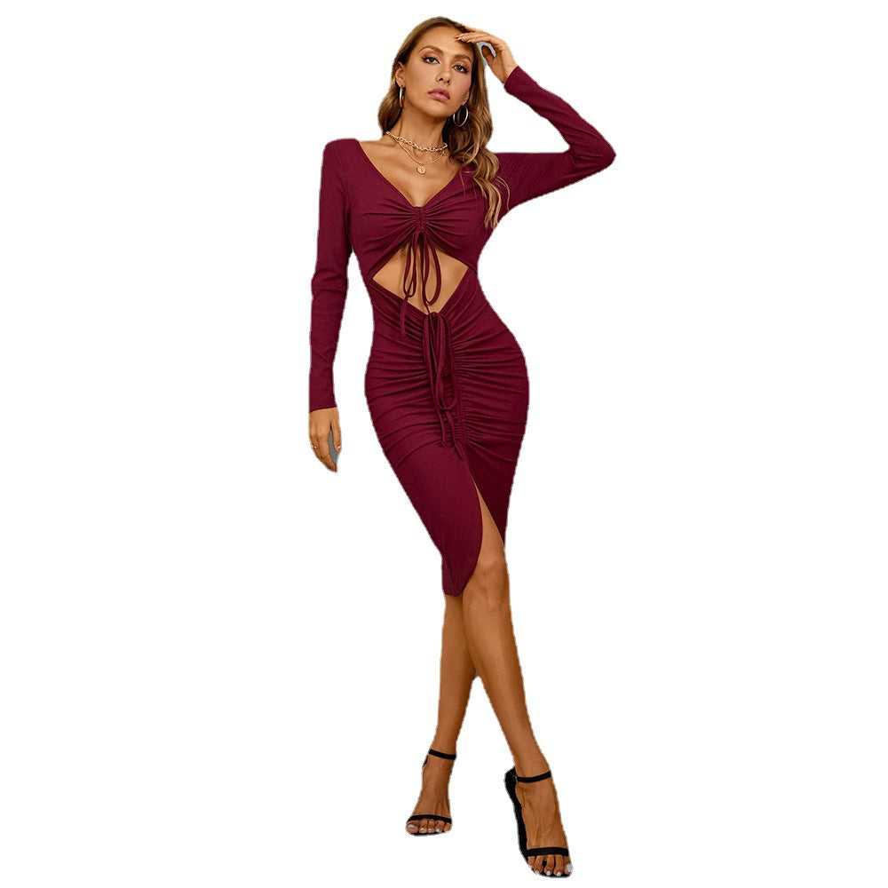 Damen Midi-Kleid Figurbetont Raffungen Cut-Out Norvielle