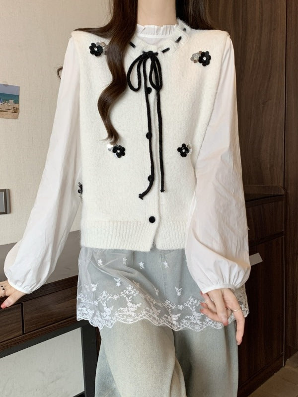 Damen Strickjacke Blumenapplikationen Bindeverschluss Beige