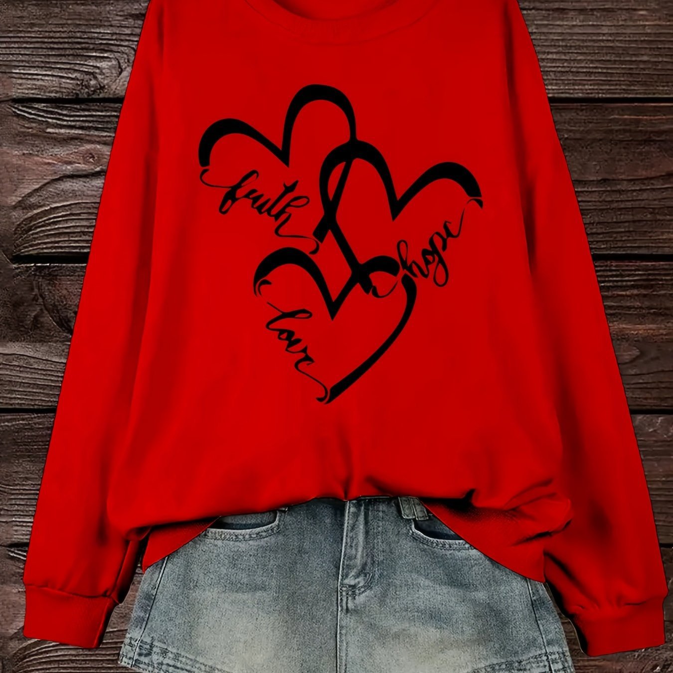 Damen Sweatshirt Romantische Herzen Aufdruck Rosa