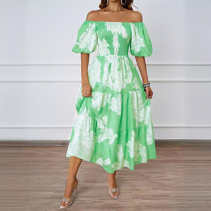 Damen Off-Shoulder Maxikleid Voluminöse Ärmel Print Norvielle