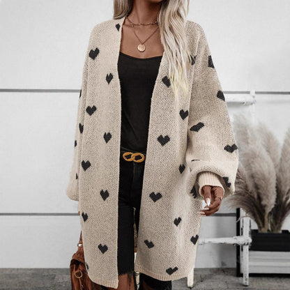 Damen Strickjacke Herzmuster Lässig Beige