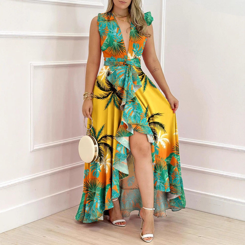 Damen Maxi-Kleid V-Ausschnitt Asymmetrischer Rock