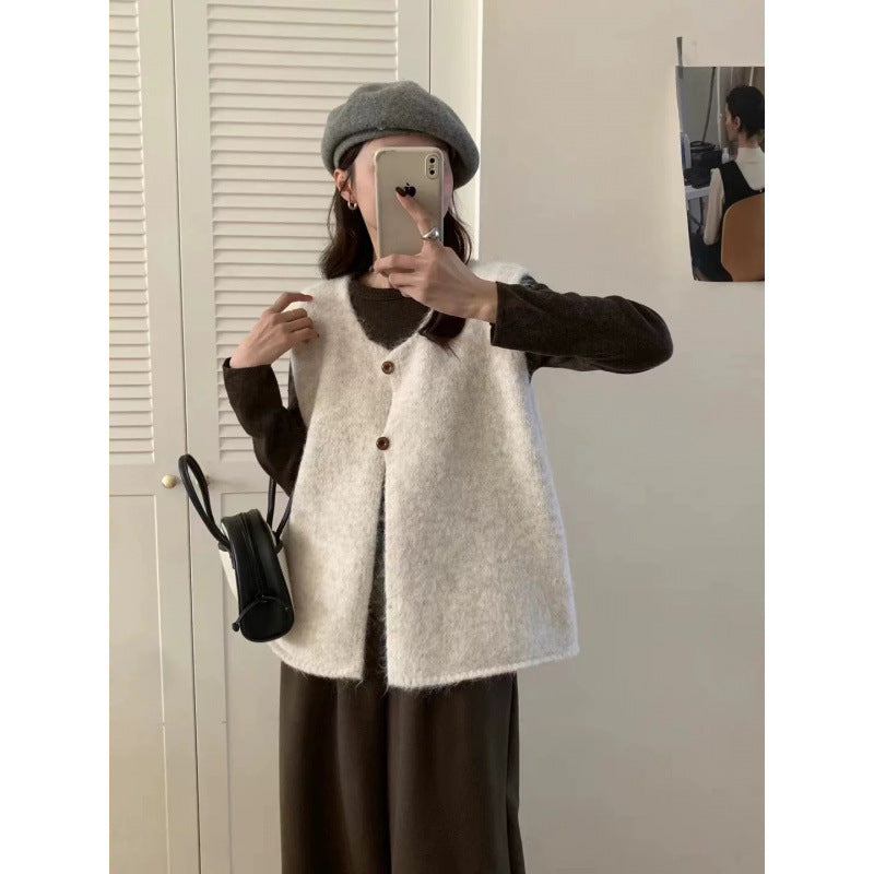 Damen Strickweste Lässig Knöpfe Beige