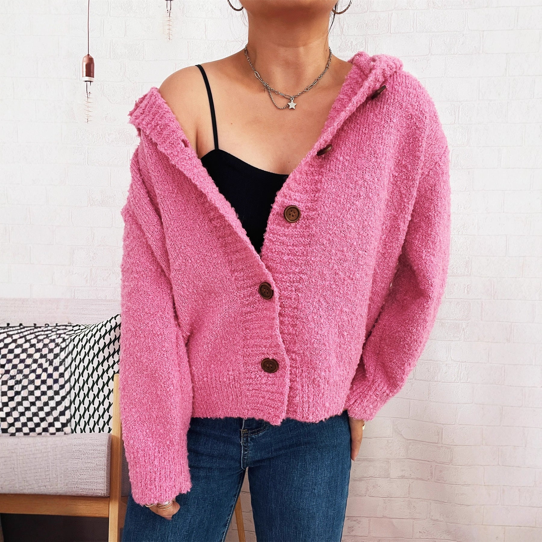 Damen Strickjacke Kapuze Knöpfe Norvielle - Norvielle