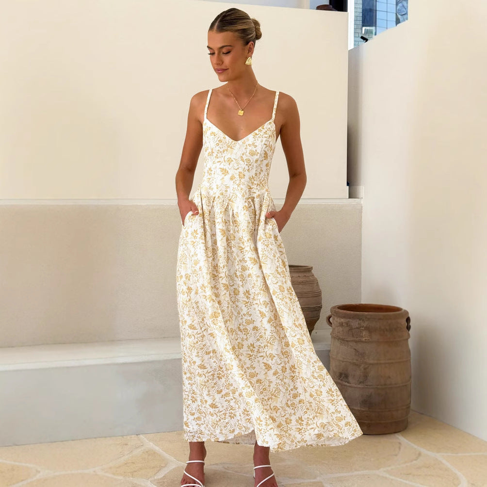Damen Maxikleid feines Floralmuster Spaghettiträger Norvielle
