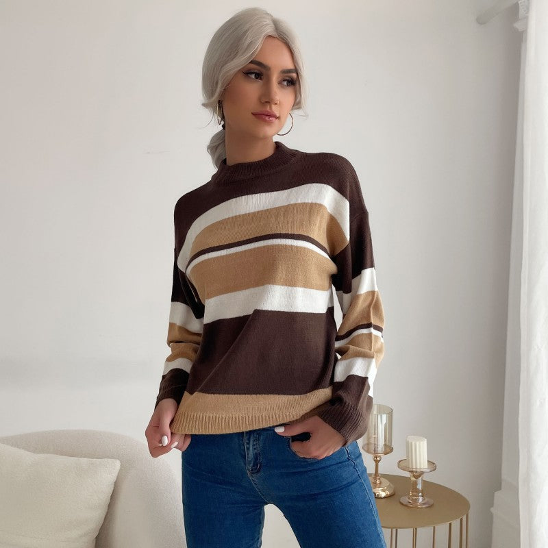 Damen Strickpullover Farbiges Streifenmuster Hochkragen