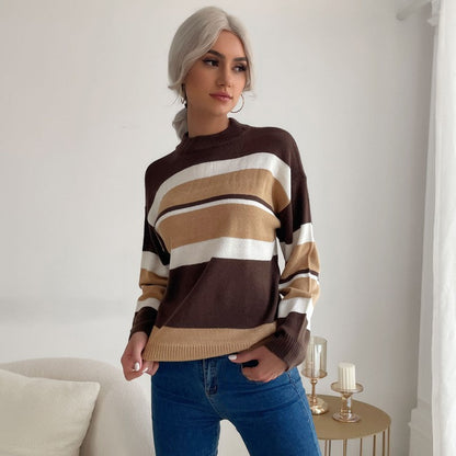 Damen Strickpullover Farbiges Streifenmuster Hochkragen