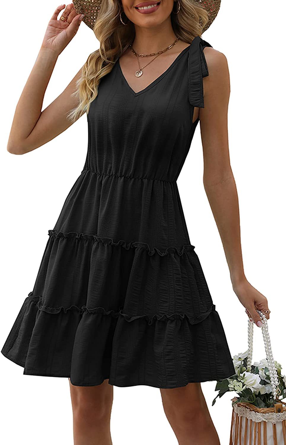 Damen Ärmelloses Sommerkleid Rüschen V-Ausschnitt Norvielle