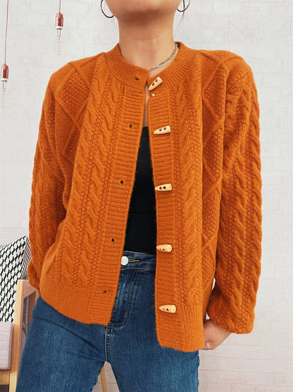 Damen Strickcardigan Weich Nautisches Zopfmuster Holzknöpfe Beige