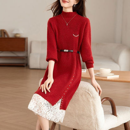 Damen Strickkleid mit Perlen und Gürtel
