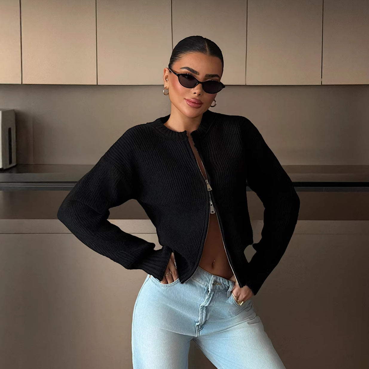 Damen Strickjacke Reißverschluss Breite Bündchen