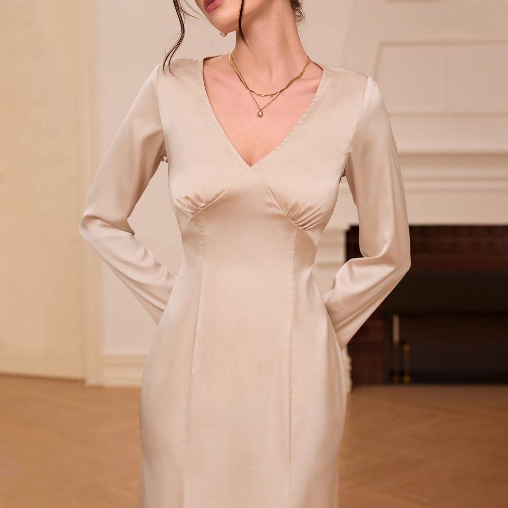 Damen Elegantes Midi-Kleid V-Ausschnitt Lange Ärmel Norvielle