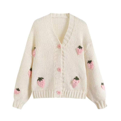 Damen Strickjacke mit Frucht-Applikationen und modernen Knöpfen