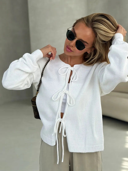 Damen Strickpullover Weit Schnitt Dekorative Schnürung Beige